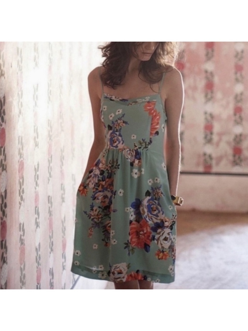 Anthropologie Moulinette Soeurs Verdant 100% Silk Floral Slip Dress Size 2